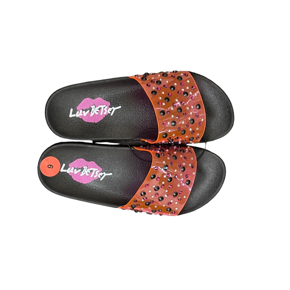 Luv Betsey Womens Black Pink Rhinestone Slides Sandal Vacation Pool Fun NWT Sz 6